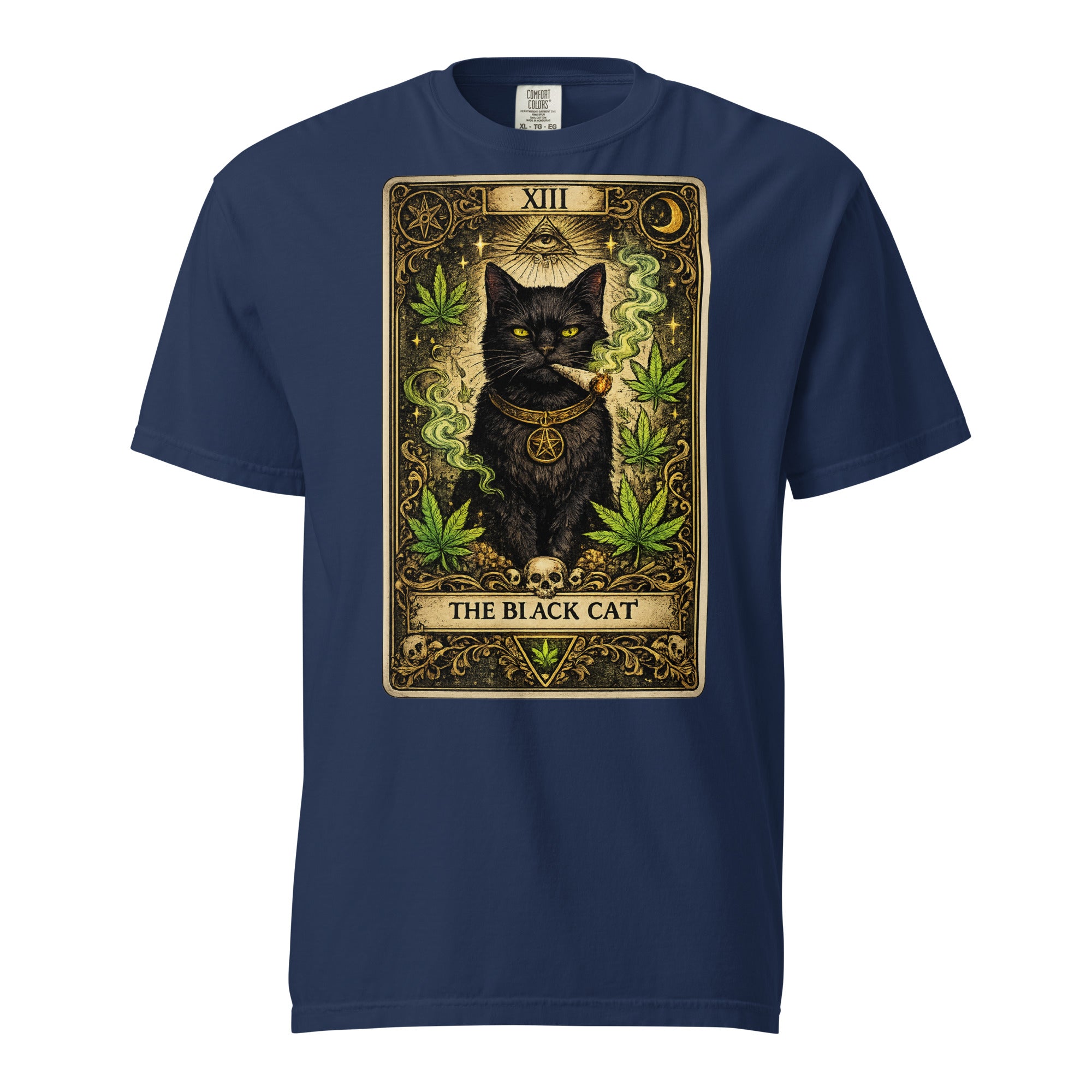The Black Cat Tarot Card T-Shirt | Gothic Black Cat Smoking Joint Cannabis Graphic Tee | Occult Weed Shirt | Magic Leaf Tees
