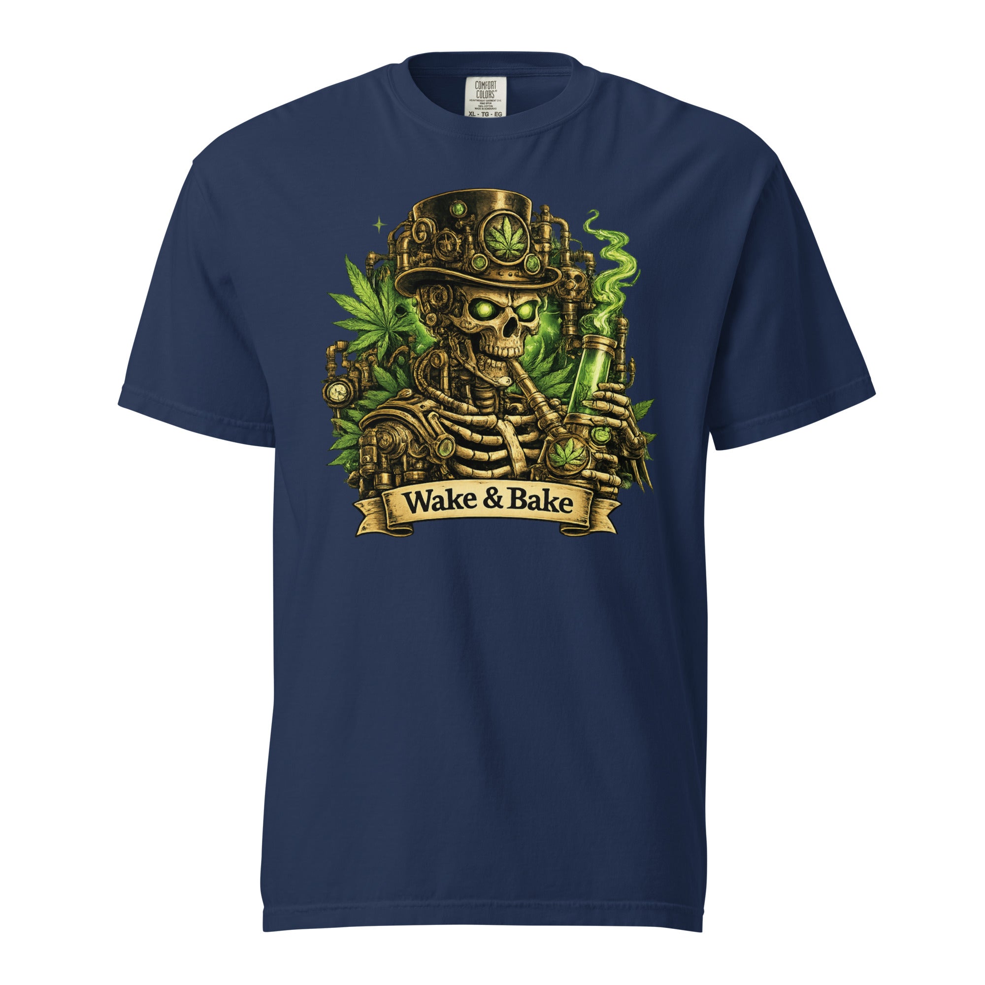 Wake & Bake Steampunk Skeleton T-Shirt – Cannabis Bong Graphic Tee | Mechanical Skull 420 Shirt | Magic Leaf Tees