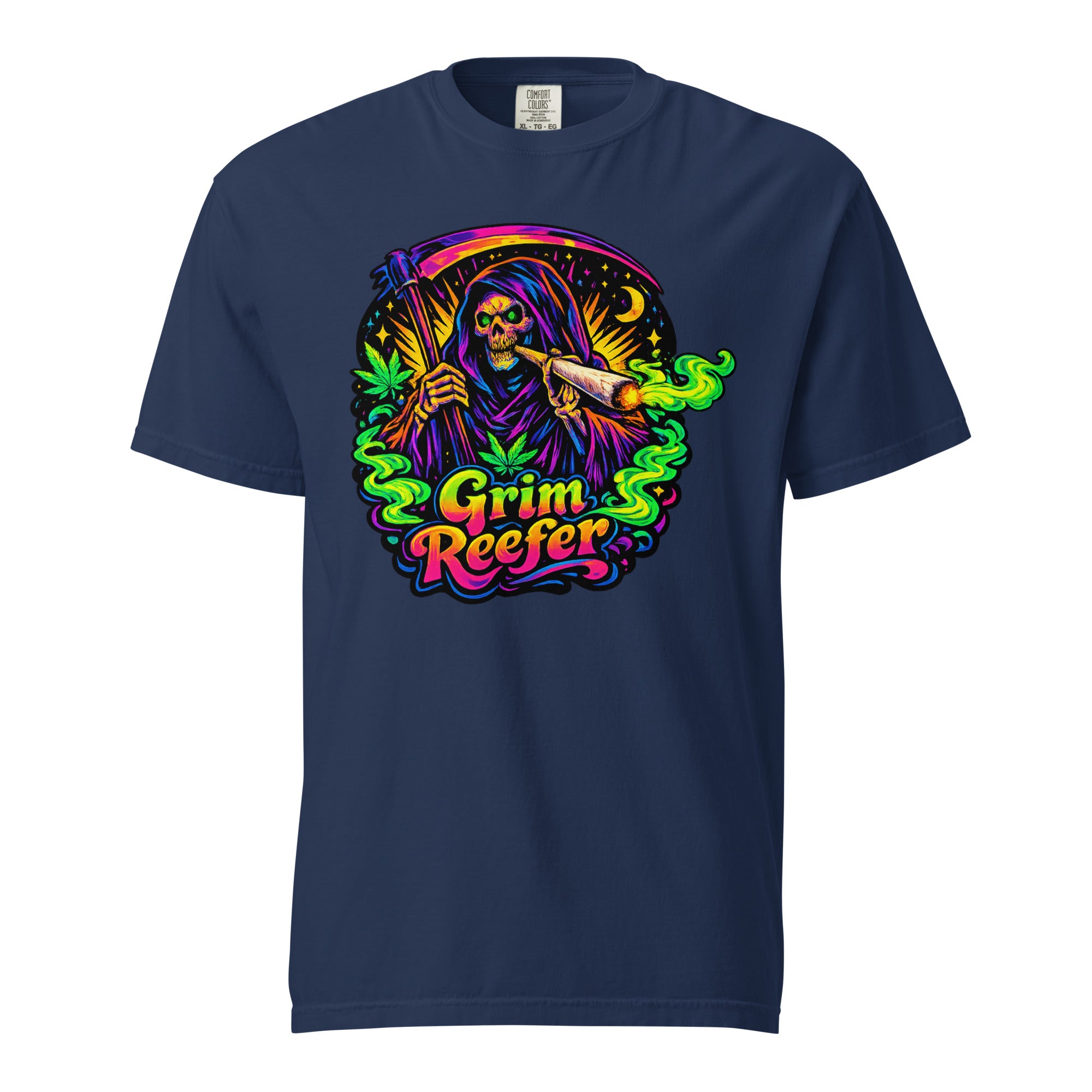 Grim Reefer T-Shirt – 70s Psychedelic Grim Reaper Stoner Graphic Tee | Retro Cannabis Art Shirt