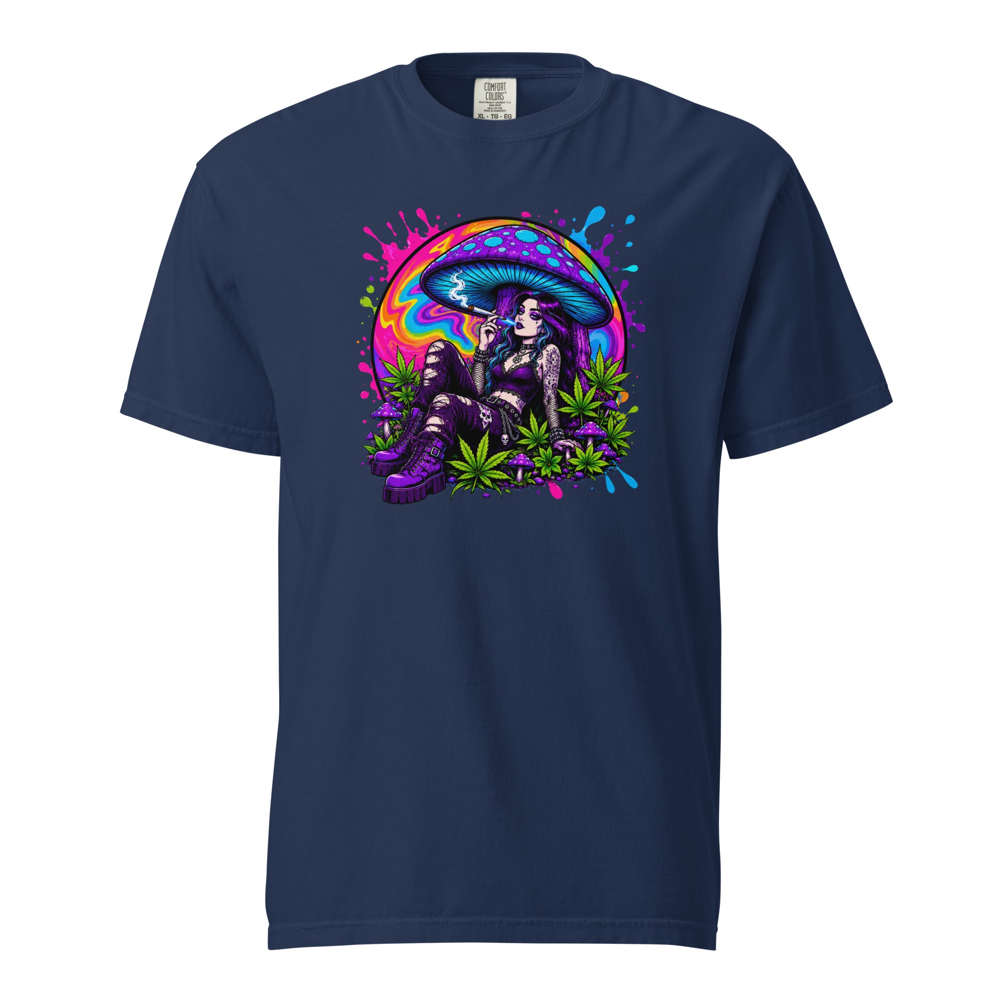 Goth Girl Mushroom T-Shirt, Psychedelic Cannabis Graphic Tee, Neon Stoner Pop Art Shirt, Magic Leaf Tees