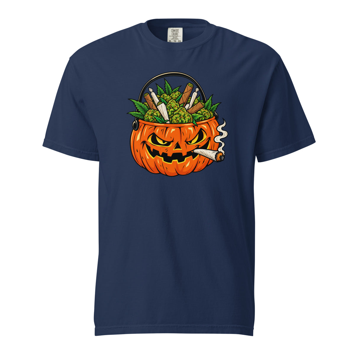 Jack-o’-Lantern Weed T-Shirt, Halloween 420 Cannabis Tee, Pumpkin Bucket Stoner Graphic Shirt