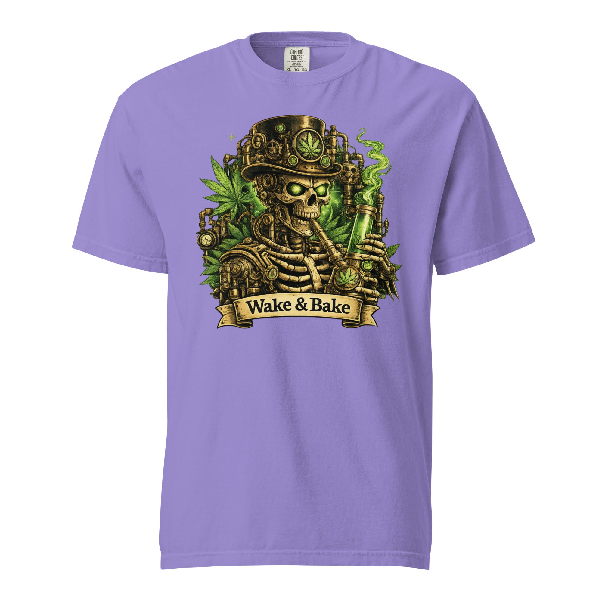 Wake & Bake Steampunk Skeleton T-Shirt – Cannabis Bong Graphic Tee | Mechanical Skull 420 Shirt | Magic Leaf Tees