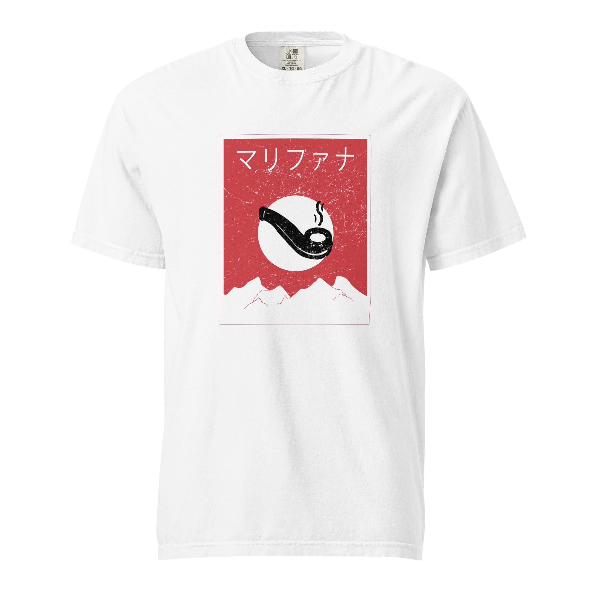 Vintage Japanese Cannabis T-Shirt – Minimalist Hash Pipe, Sun & Mountain | Magic Leaf Tees