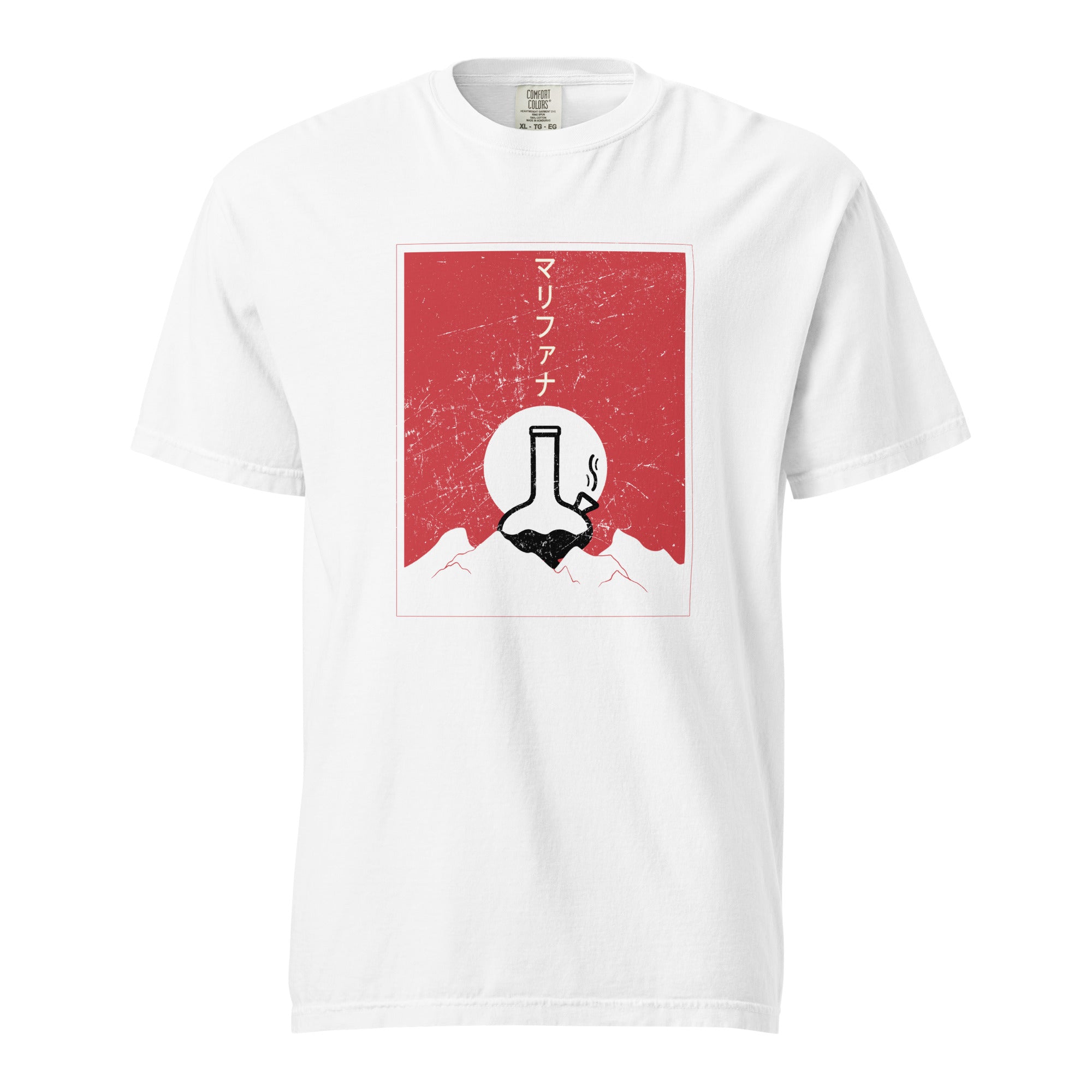 Vintage Japanese Cannabis T-Shirt – Minimalist Water Pipe, Sun & Mountain | Magic Leaf Tees