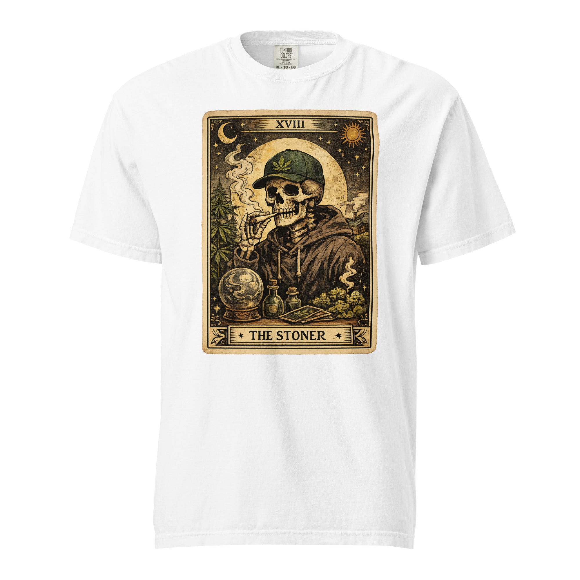 The Stoner Tarot Card T-Shirt | Skeleton Smoking Joint Cannabis Graphic Tee | Vintage Weed Art Shirt | Magic Leaf Tees