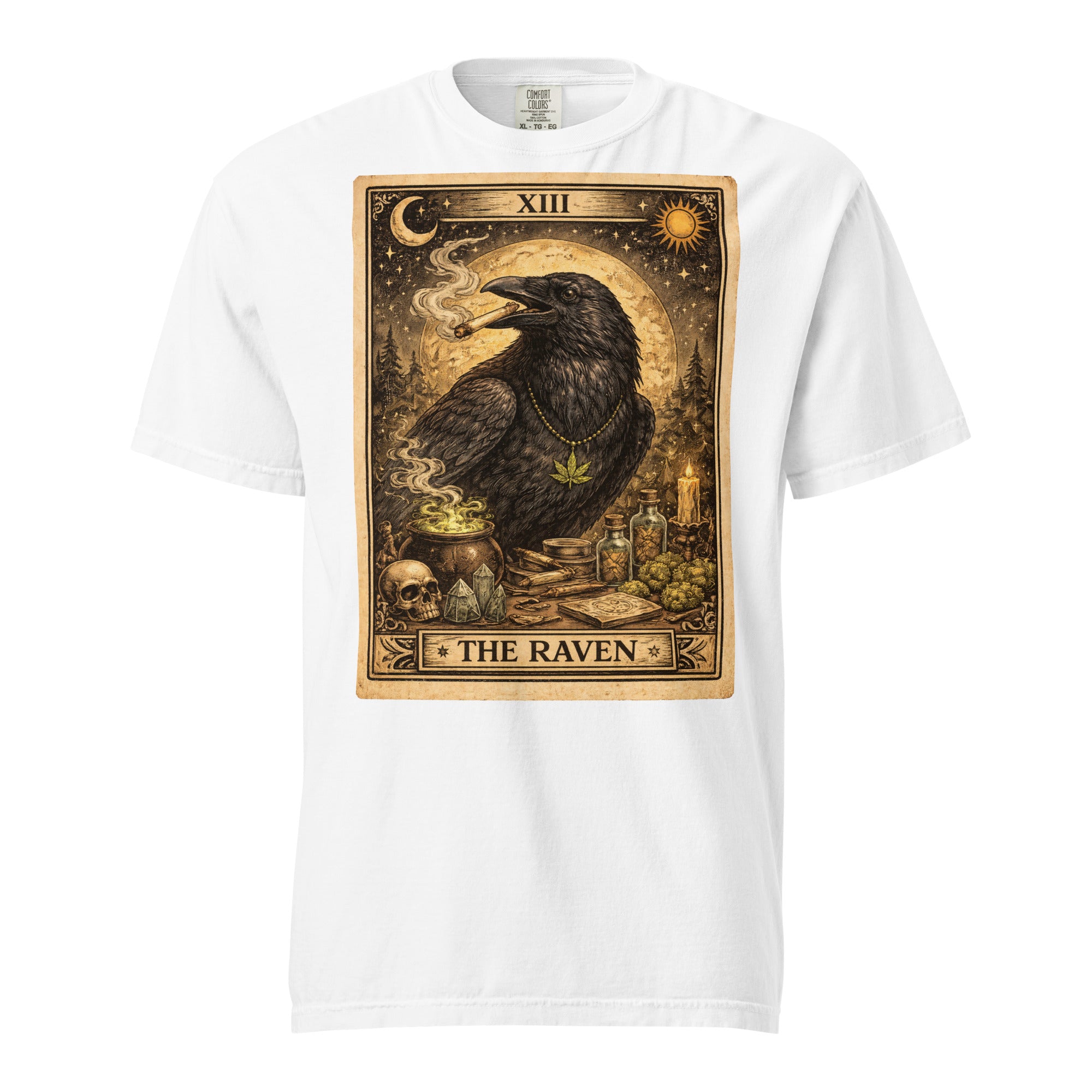 The Raven Tarot Card T-Shirt | Gothic Raven Smoking Joint Cannabis Graphic Tee | Vintage Occult Weed Shirt | Magic Leaf Tees