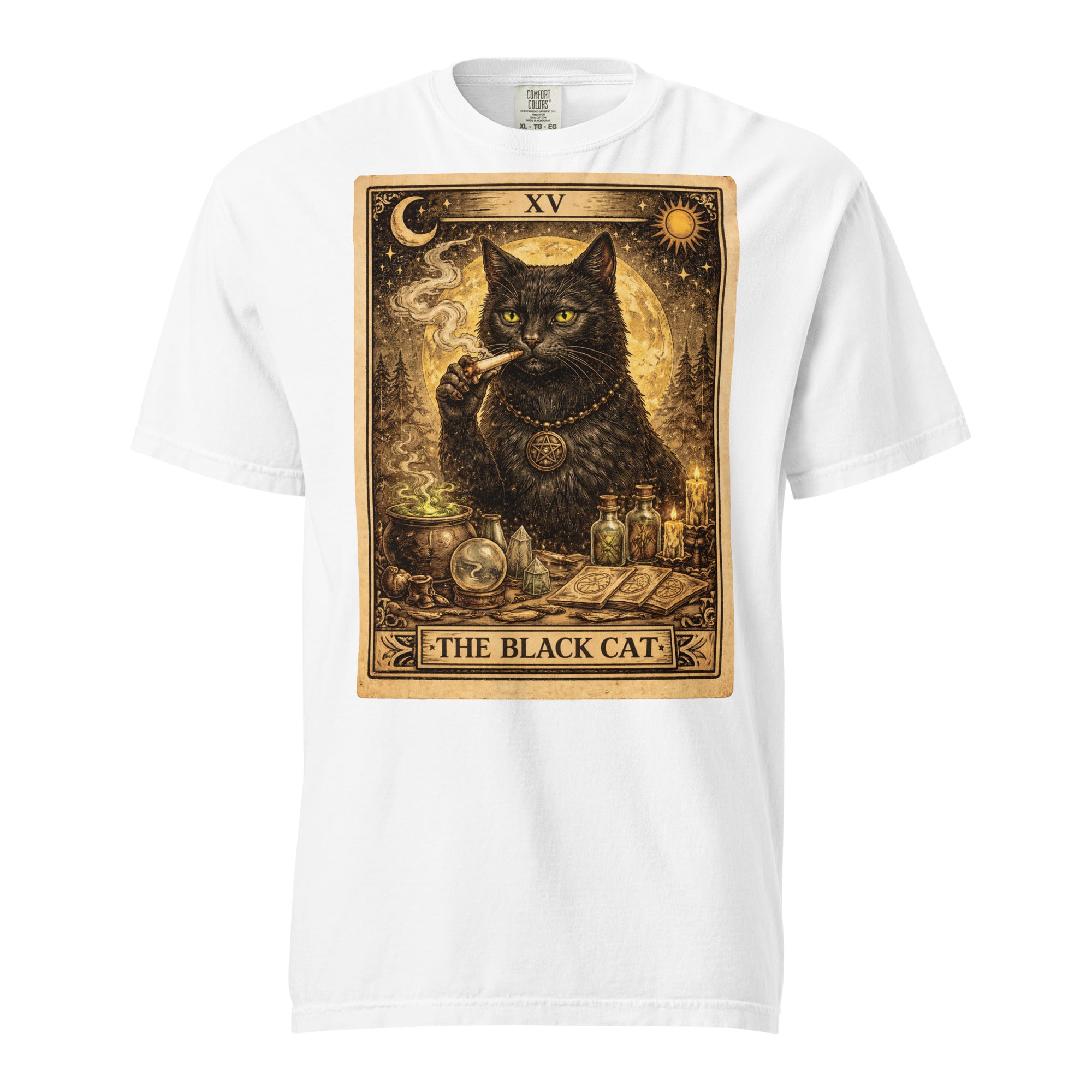The Black Cat Tarot Card T-Shirt | Gothic Black Cat Smoking Joint Cannabis Graphic Tee | Occult Weed Shirt | Magic Leaf Tees