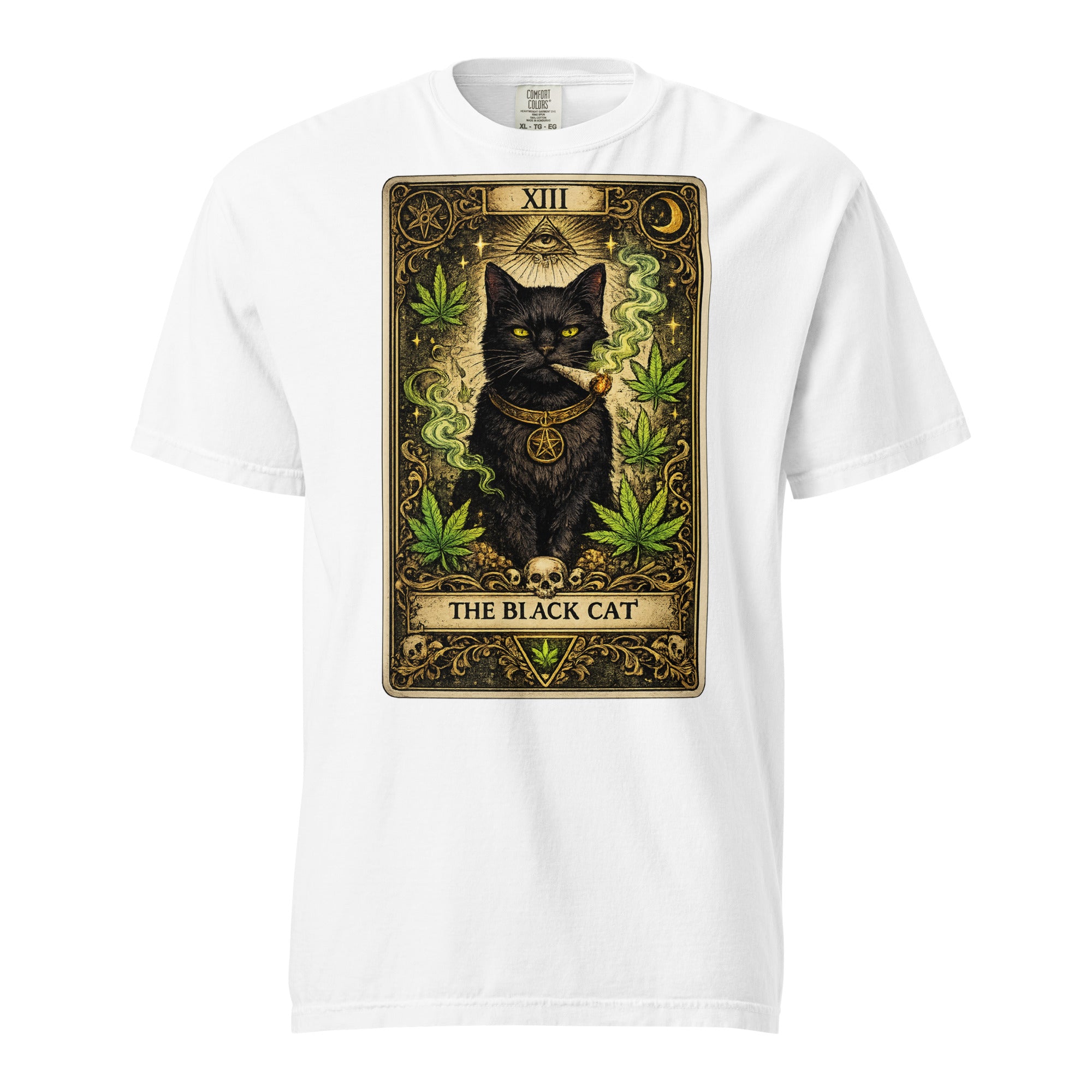 The Black Cat Tarot Card T-Shirt | Gothic Black Cat Smoking Joint Cannabis Graphic Tee | Occult Weed Shirt | Magic Leaf Tees