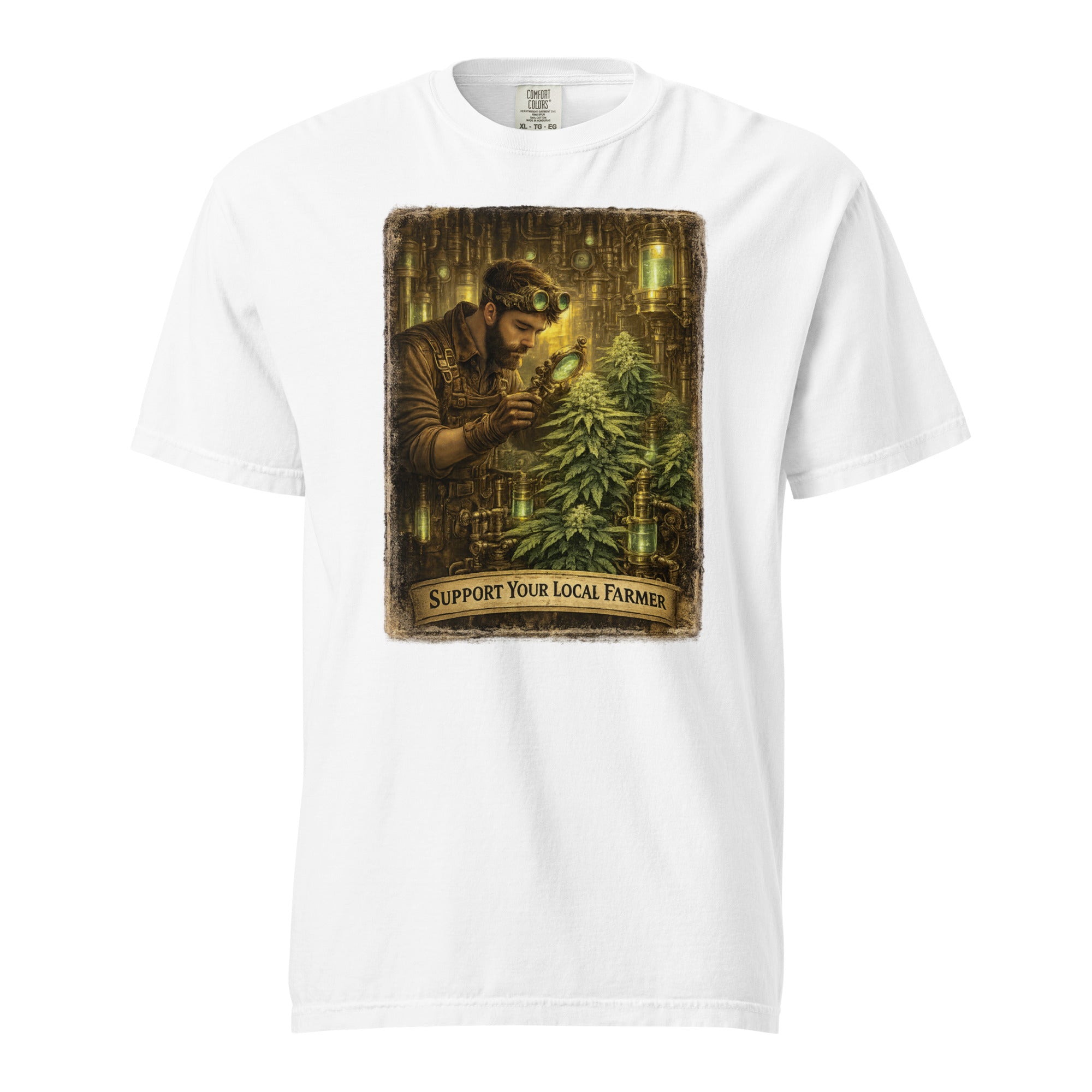 Steampunk Cannabis Gardener T-Shirt – Vintage Industrial Weed Cultivation Graphic Tee | Retro 420 Grower Shirt | Magic Leaf Tees