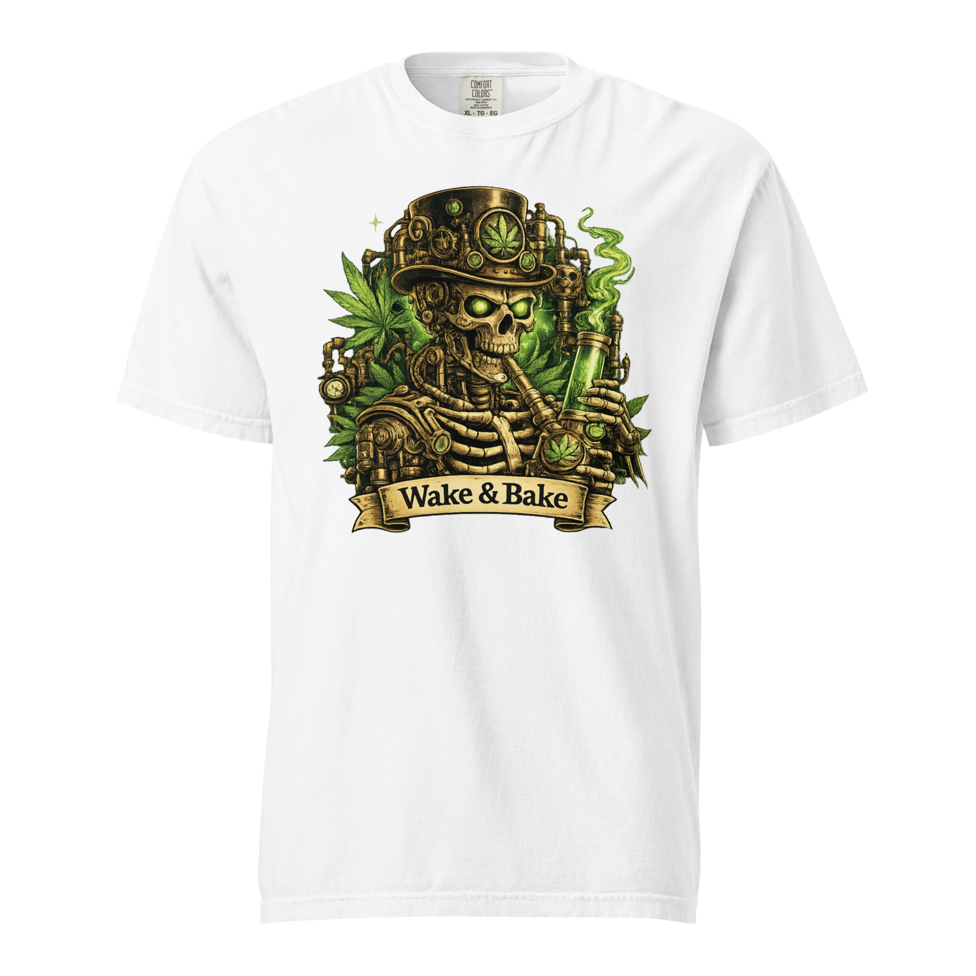 Wake & Bake Steampunk Skeleton T-Shirt – Cannabis Bong Graphic Tee | Mechanical Skull 420 Shirt | Magic Leaf Tees