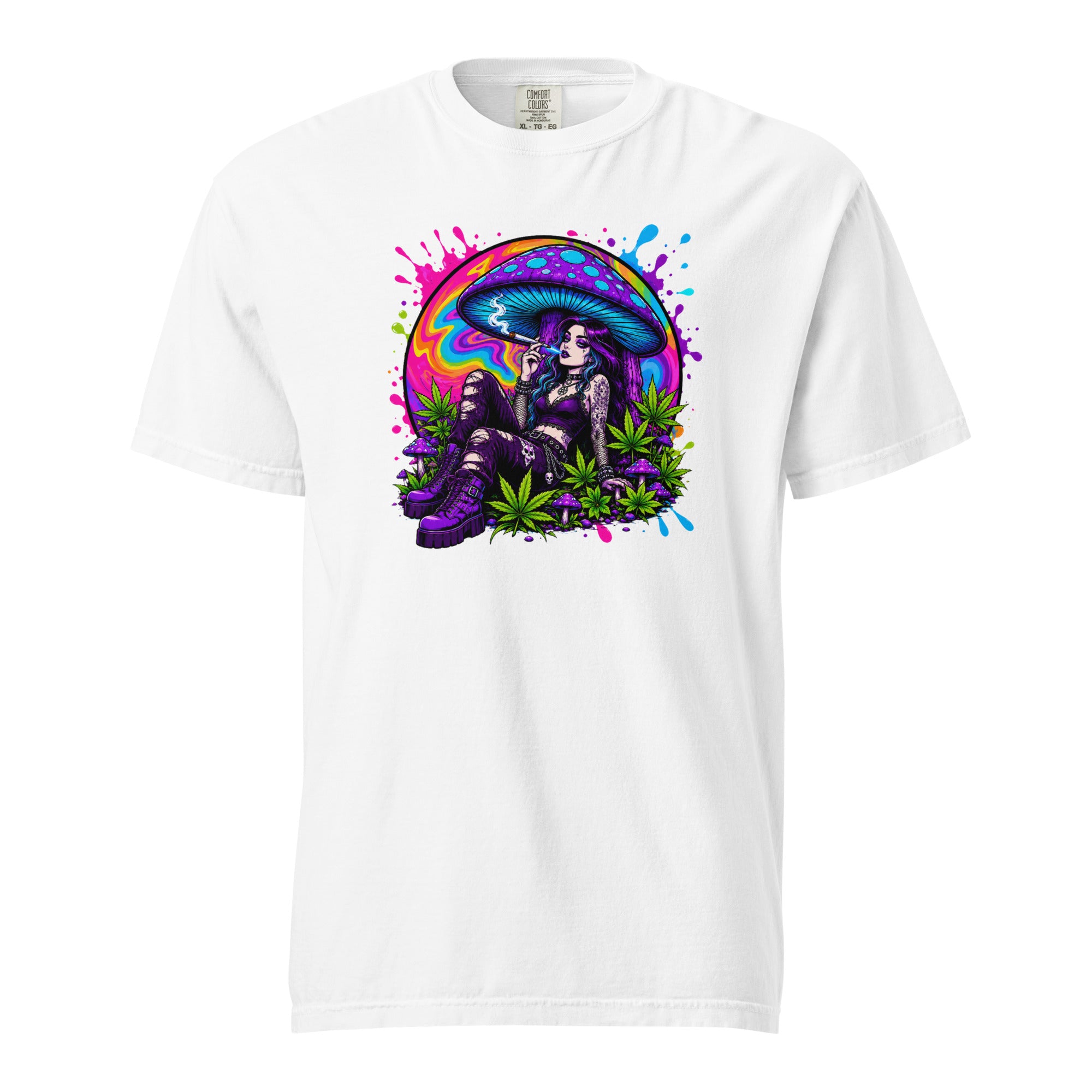 Goth Girl Mushroom T-Shirt, Psychedelic Cannabis Graphic Tee, Neon Stoner Pop Art Shirt, Magic Leaf Tees