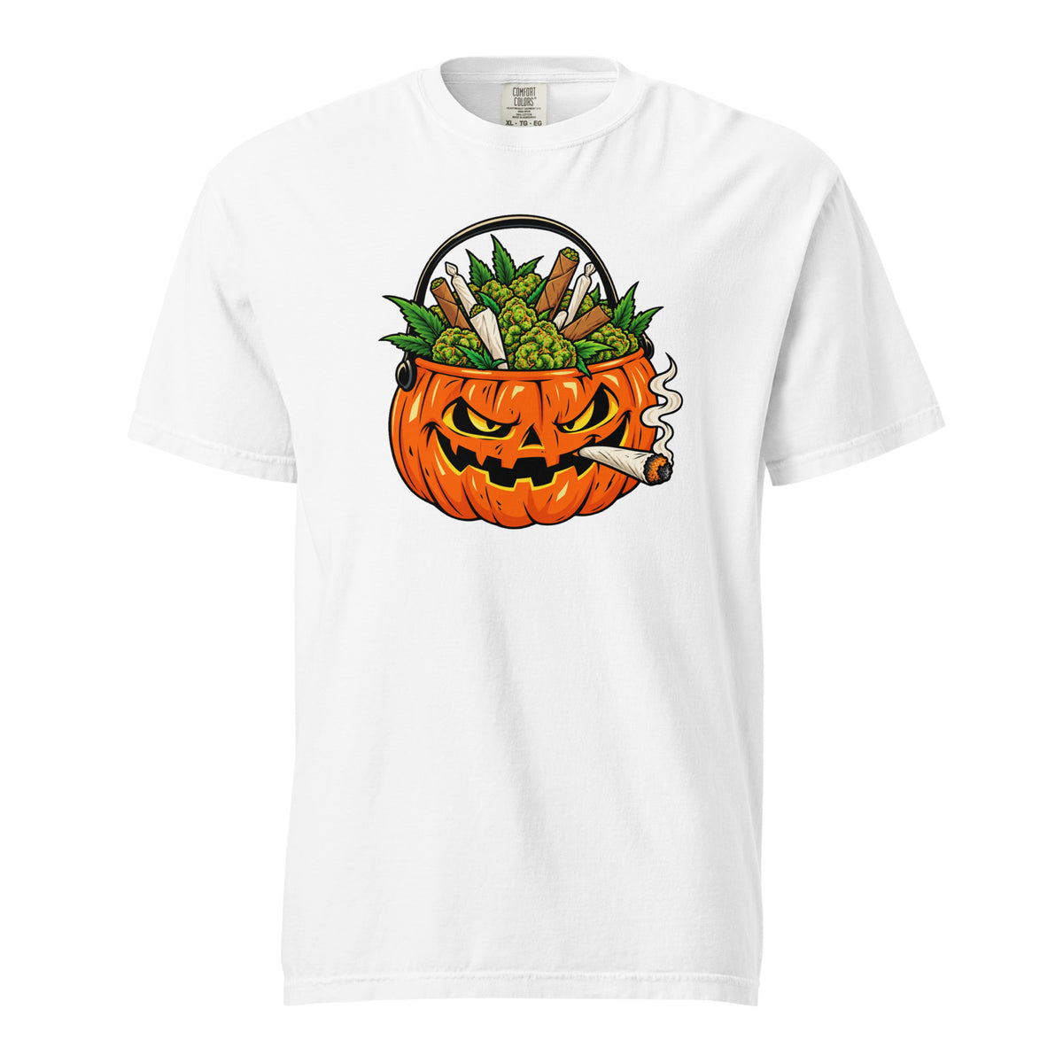 Jack-o’-Lantern Weed T-Shirt, Halloween 420 Cannabis Tee, Pumpkin Bucket Stoner Graphic Shirt