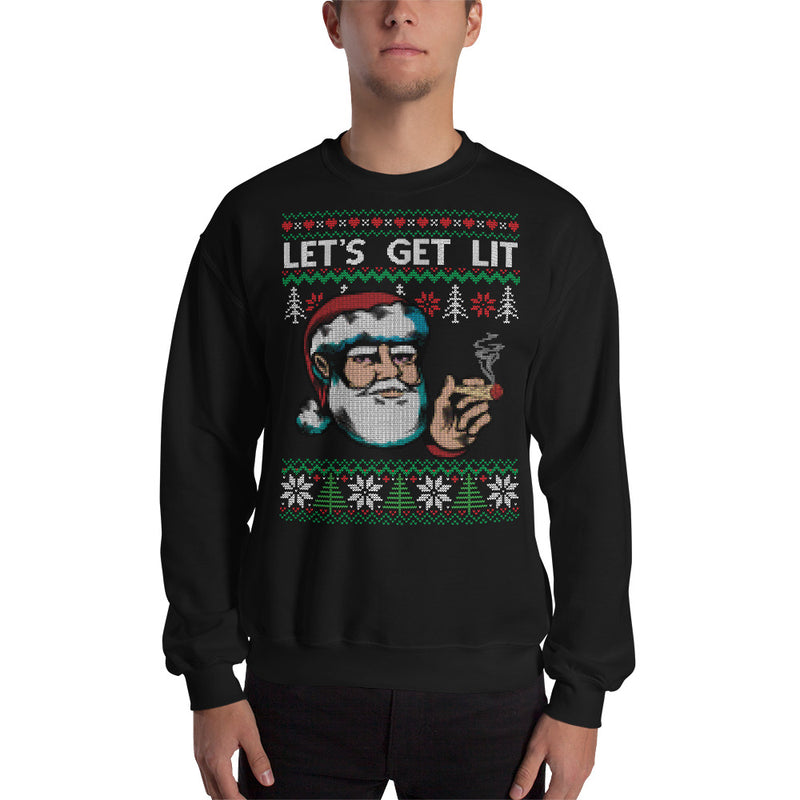 Ugly Smoking Santa Let's Get Lit Stoner Christmas Black Sweater - Magic Leaf Tees