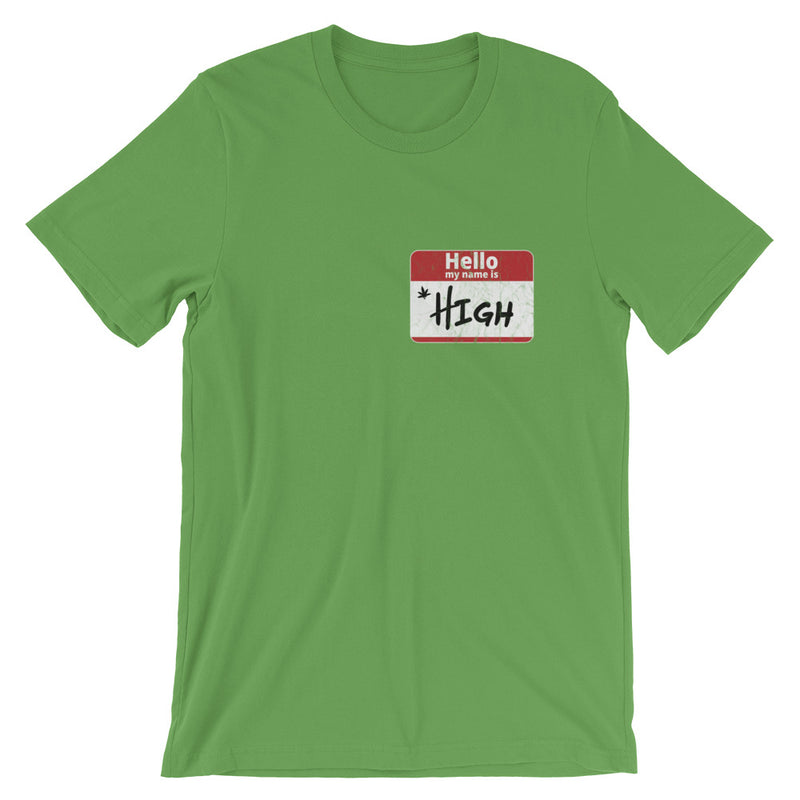 Hello My Name Is High Funny Cannabis Name Tag T-Shirt - Magic Leaf Tees